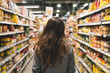 © AI.noevation - Woman Walking Through Supermarket Aisle Surrounded by Fully Stocked Shelves Representing Grocery Shopping and Consumer Choice