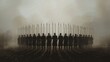 © NaesyaStudio - A group of soldiers stand in a circle formation, holding spears, silhouetted against a hazy, dusty background.
