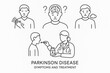© NoblePix - Parkinson Disease Symptoms and Treatment Line Icon Set – Minimal Medical Vector with Motor, Cognitive, Emotional and Therapy Elements