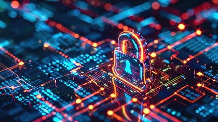 Picture of digital security system to protect dangerous hacking computer user in colorful light of cyberspace style theme. Coding and programming for guarding digital technology from criminal. AIG53.