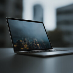 Wall Mural - laptop displaying cityscape: a sleek laptop open on a surface, the screen showing a city skyline shr