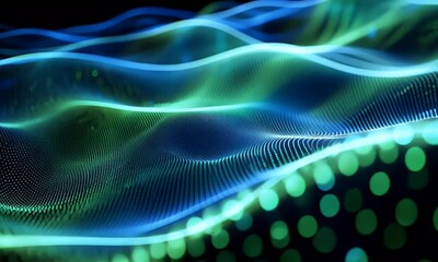 Wall Mural - abstract digital background with a green gradient and a wave of dots in a dark blue color.