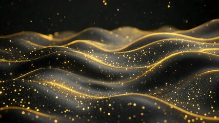 Wall Mural - black wave surface with glowing golden particles and light lines creates sparkling abstract backgrou
