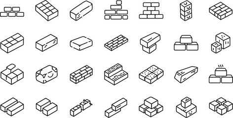 Collection of brick and block icons in a simple line drawing style, representing construction and building materials, isolated on white background