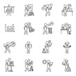 © Ans Creative - A collection of outline icons depicting various business activities, including presentations, reading, studying, and working on computers, set against a clean white background.