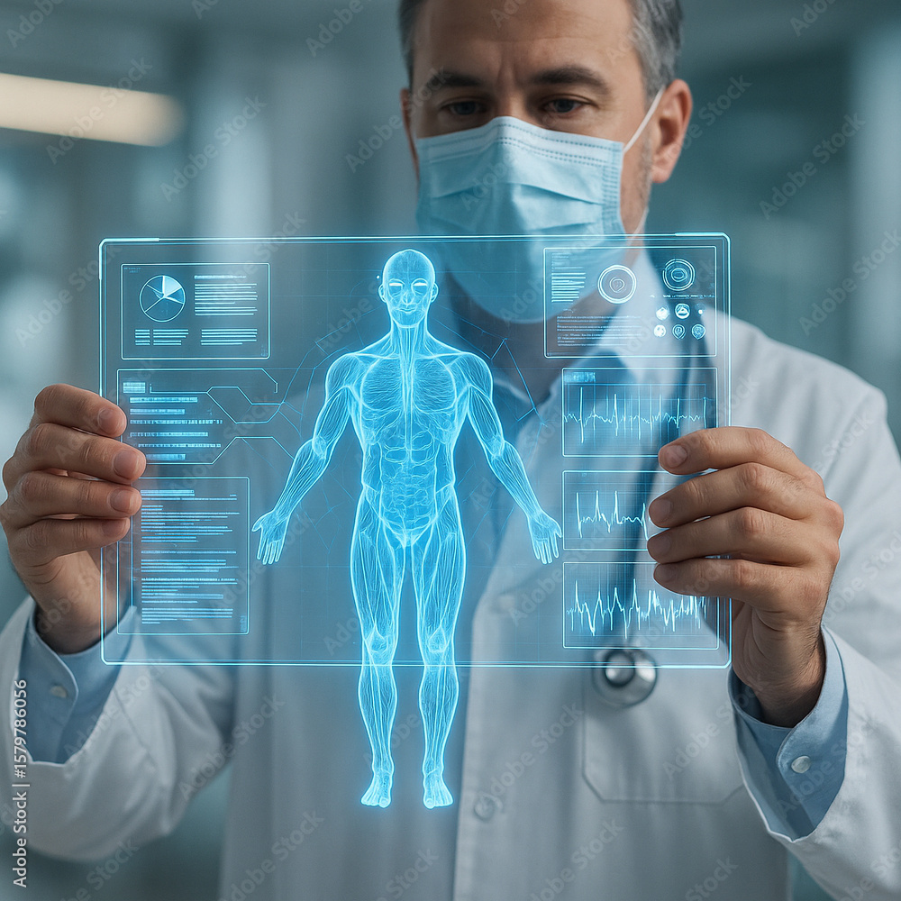 AI generated doctor using futuristic transparent hologram to study ...