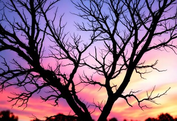 silhouetted trumpet tree branches against a vibrant twilight sky, serene, detail