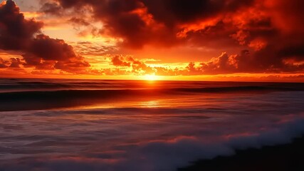 Wall Mural - Vibrant sunset over calm ocean waves, with dramatic clouds reflecting warm colors at the horizon