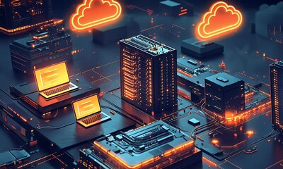 Wall Mural - a cloud computing concept with laptops and computers connected to the internet, creating an abstract