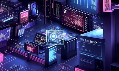 Wall Mural - a cloud computing concept with laptops and computers connected to the internet, creating an abstract