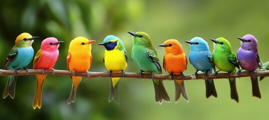 Nine Vibrant Birds Perched on Branch in Serene Natural Setting Tropical sitting a tree
