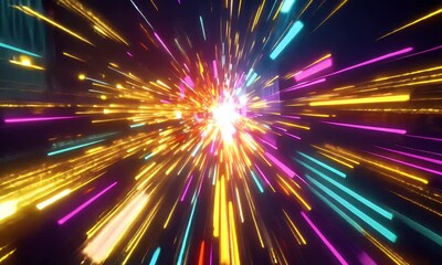 Wall Mural - A vibrant explosion of colorful light streaks against the dark background, creating an energetic and dynamic visual effect. The lights form intricate patterns that resemble fireworks or laser beams, 