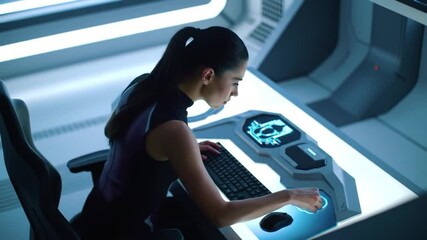 Focused cyber expert managing security data on modern holographic screen console