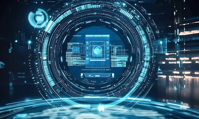 Wall Mural - abstract futuristic blue technology background with glowing circular podium and hologram elements fo