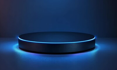 Wall Mural - abstract futuristic blue technology background with glowing circular podium and hologram elements fo