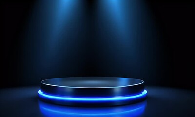 Wall Mural - abstract futuristic blue technology background with glowing circular podium and hologram elements fo