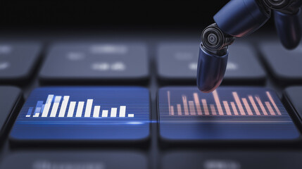 Wall Mural - digital insights: a robotic hand interacts with a keyboard, highlighting data analysis and technolog