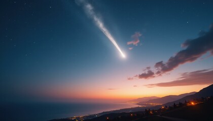 Wall Mural - meteor falling over serene coastal mountains at sunset