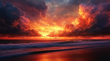 Wall Mural - Dramatic sunset over a tranquil beach with vibrant clouds reflecting on the water's surface