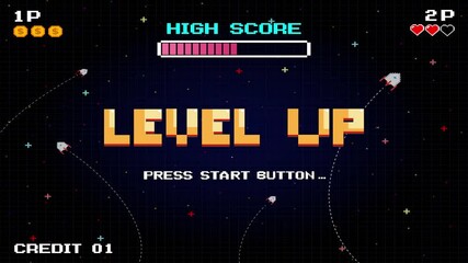Wall Mural - level up icon pixel art. 8 bit game. retro game. retro futurism sci-fi background. glowing neon grid