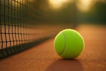 Close-up of a tennis ball resting on an outdoor court near the net in warm, golden light.