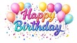 © GreenLand - Bright and festive 'Happy Birthday' text with colorful balloons and confetti. Perfect for greeting cards, digital invitations, birthday banners, and celebration-themed content