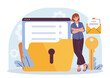 © Rudzhan - Woman standing near secured folder with browser, key, and email. Flat style with soft colors on abstract background. Concept of data safety and privacy. Vector illustration
