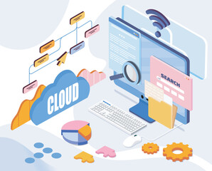 cloud computing concept with computer, data flow chart, search bar, and pie chart elements shown in 