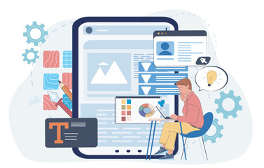 Man working on user interface design with graphic tools, color palette, and layout elements on digital devices, on a light background. Concept of creativity. Vector illustration