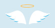 © Rudzhan - White angel wings and golden halo in minimalist graphic style on a blue background, symbolizing purity, divinity, and spirituality. Vector illustration