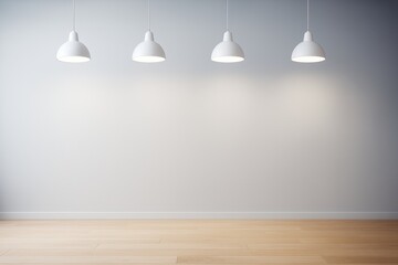 Wall Mural - minimal contemporary room interior with four pendant lights and wooden floor against plain wall back