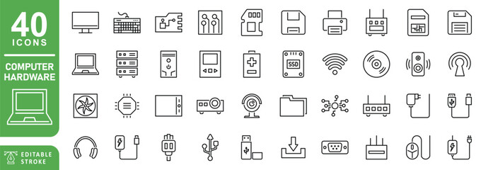Set of outline computer hardware icons. Minimalist thin linear web icon set. editable stroke contain computer, display, motherboard, SSD, charger