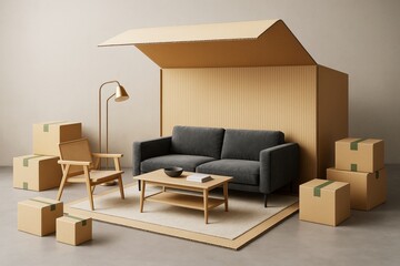 Wall Mural - modern minimalist living room with cardboard box house structure and furniture arrangement on neutra