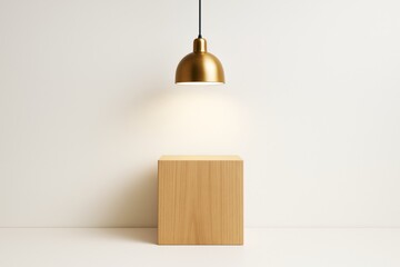 Wall Mural - minimalist wooden cube pedestal under golden hanging lamp on soft white background with gentle light