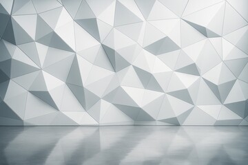 Wall Mural - geometric abstract wall background with light grey polygonal shapes and glossy floor reflection in m