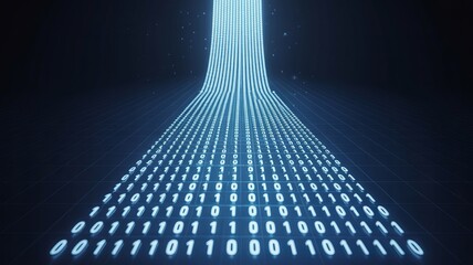 Binary code flowing, digital data stream, technology background illustration.