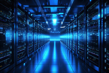 Wall Mural - server room featuring several server racks illuminated by strong dramatic lighting