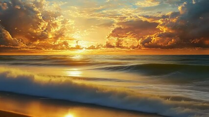 Wall Mural - Serene sunset over ocean waves with dramatic clouds reflecting golden hues on tranquil shoreline