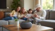 © Imam - A family relaxes together on a sofa, with a smart speaker on a table in the foreground.