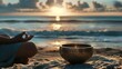 © Valeriia - Individual practicing meditation on a beach at sunset, with a singing bowl placed on a textured blanket, creating a serene atmosphere for mindfulness and relaxation