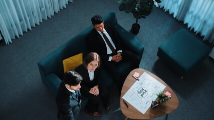 Wall Mural - top view of smart businessman present strategy to group of investor by using mind map brainstorm mar