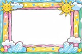 Adorable crayon drawing frame with a simple blue sky and green grass design. A cute and whimsical hand-drawn border perfect for children's announcements, drawings, or school activities
