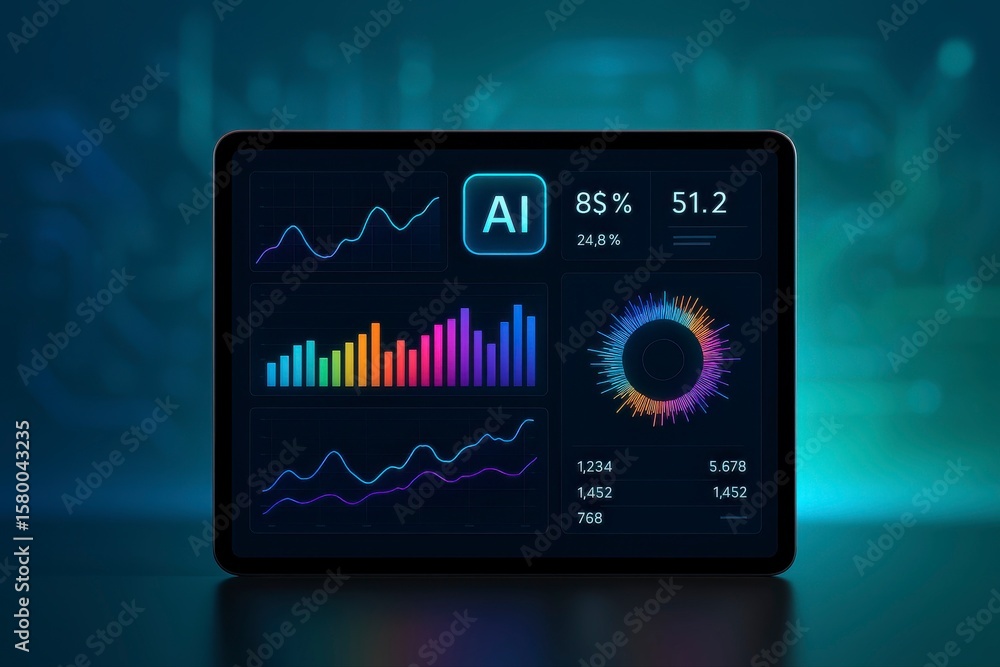 Tablet displaying ai dashboard with charts and data visualizations ...