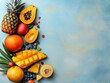 © tanawat - Leeyongjay style watercolor painting of fresh tropical fruits like pine and mango artistically arranged on a vibrant blue textured surface in 3 giixel detail.