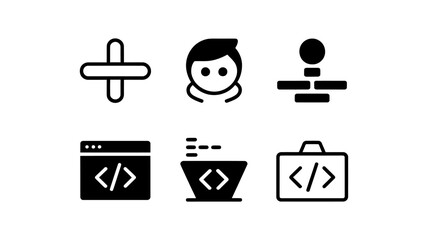 Vector art of a collection of programming and user interface icons on a white background