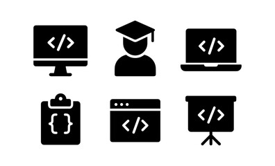 Coding education icons: computer, graduate, laptop, clipboard, browser, presentation