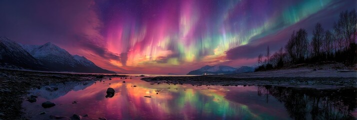 Alaska Christmas Fantasy: Winter Sky Night Aurora Landscape with Northern Lights