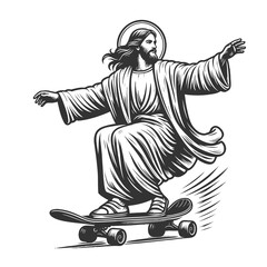 Wall Mural - jesus christ holy man confidently skateboarding, religious symbolism with modern urban culture sketc