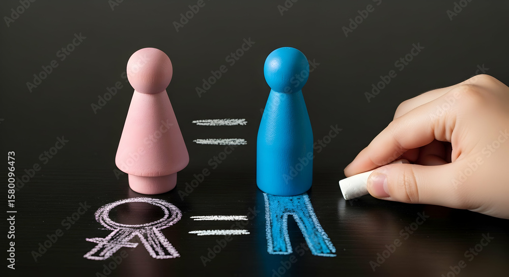 Concept image of gender equality. Female and male symbols. Hand writing ...