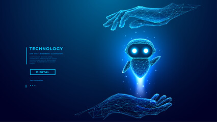 abstract digital ai robot into palms. ai agent are flying of a hand. artificial intelligence concept